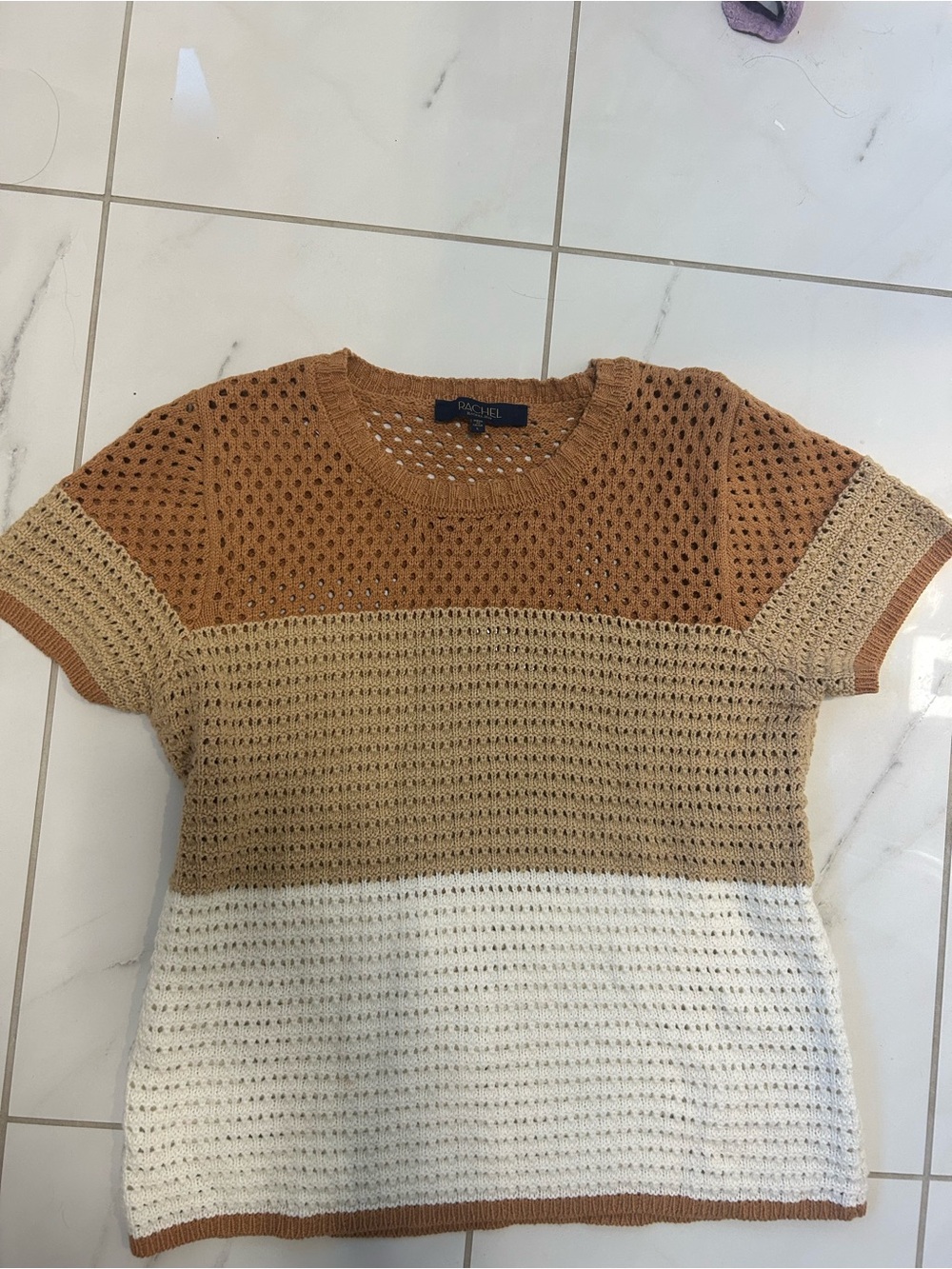 RACHEL Rachel Roy Open Knit Colorblock Short Sleeve Sweater Top Earth Tones L